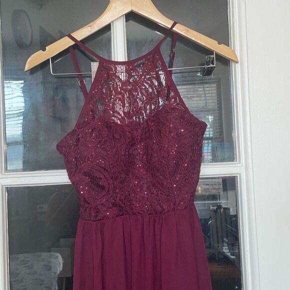 Preowned speechless burgundy lace halter top maxi gown dress junior teen size 3 - Picture 6 of 14